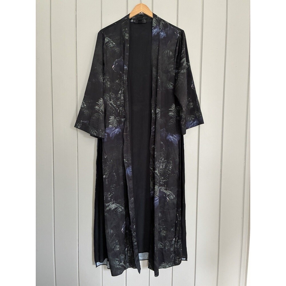 All Saints Long Kimono Duster US 8 Black Panther Open Front Satin Side Slits
